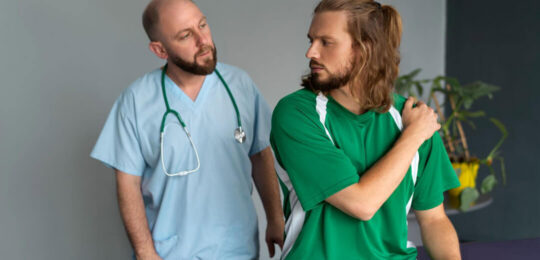A medical professional assesses a patient experiencing shoulder discomfort, highlighting pain management and rehabilitation support in post-surgical care.