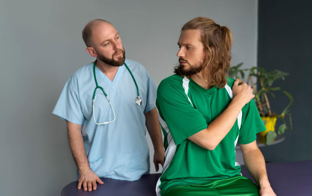 A medical professional assesses a patient experiencing shoulder discomfort, highlighting pain management and rehabilitation support in post-surgical care.